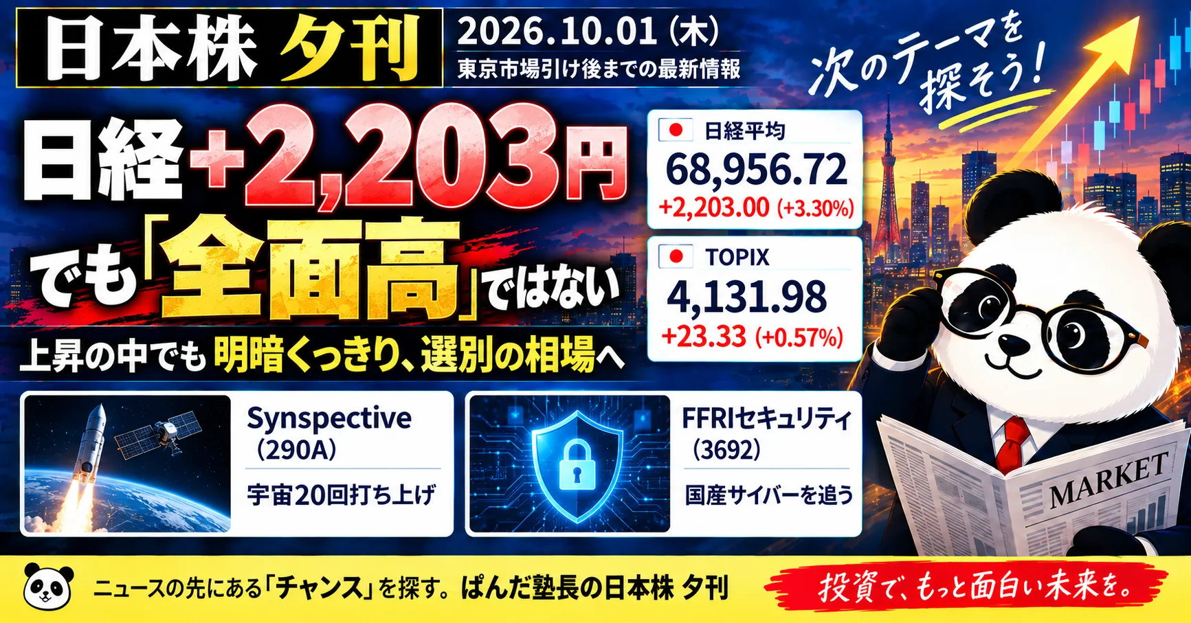 2026年10月1日の日本株夕刊。日経平均は2,203円高でも全面高ではなく、Synspectiveの宇宙事業と国産サイバーセキュリティに注目。