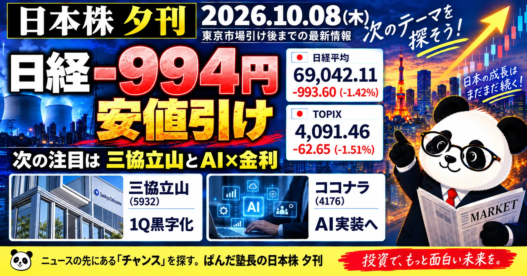 2026年10月8日の日本株夕刊。日経平均69,042.11円、前日比993.60円安とTOPIX4,091.46を示し、三協立山とココナラを紹介する画像。