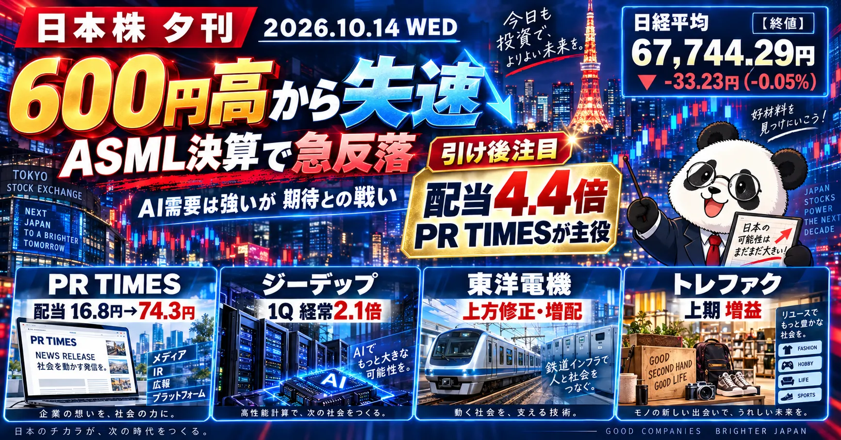 2026年10月14日の日本株夕刊。日経平均は一時600円超上昇後、67,744.29円で終了。ASML決算とPR TIMESの配当予想修正を紹介する画像。