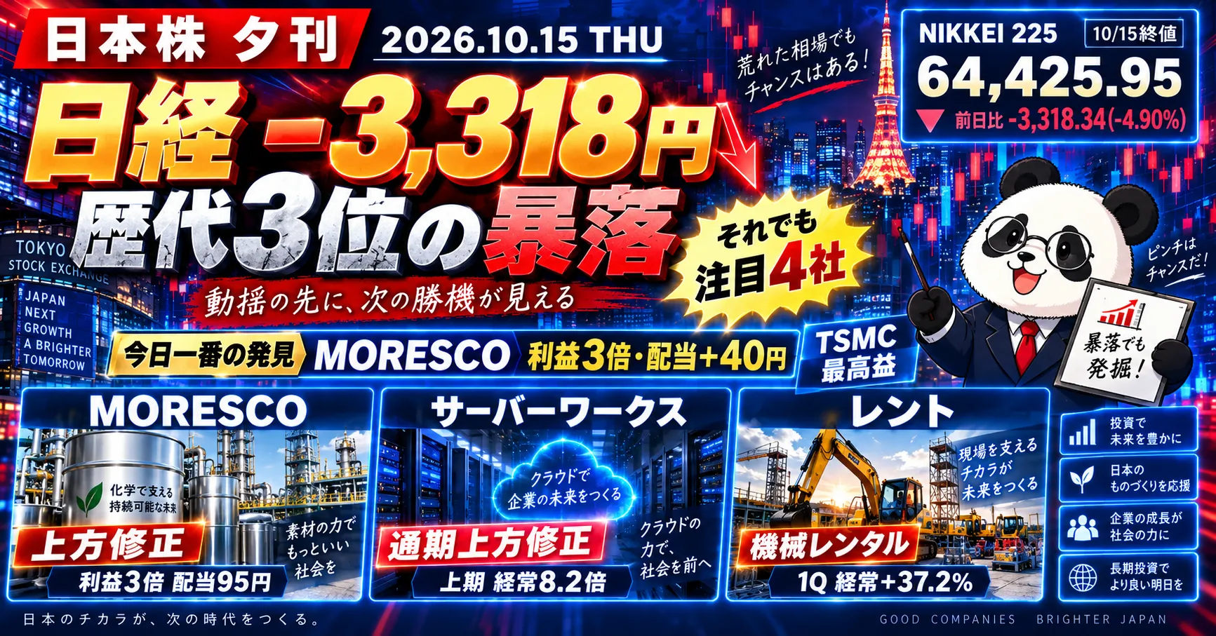 2026年10月15日の日本株夕刊。日経平均は3318.34円安。MORESCO、サーバーワークス、レントなどの決算を紹介する画像。