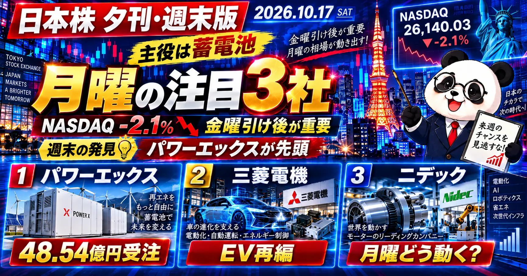 2026年10月17日の日本株夕刊・週末版。パワーエックスの蓄電システム受注、三菱電機のEV事業再編、ニデックの発表とNASDAQ下落を紹介する画像。