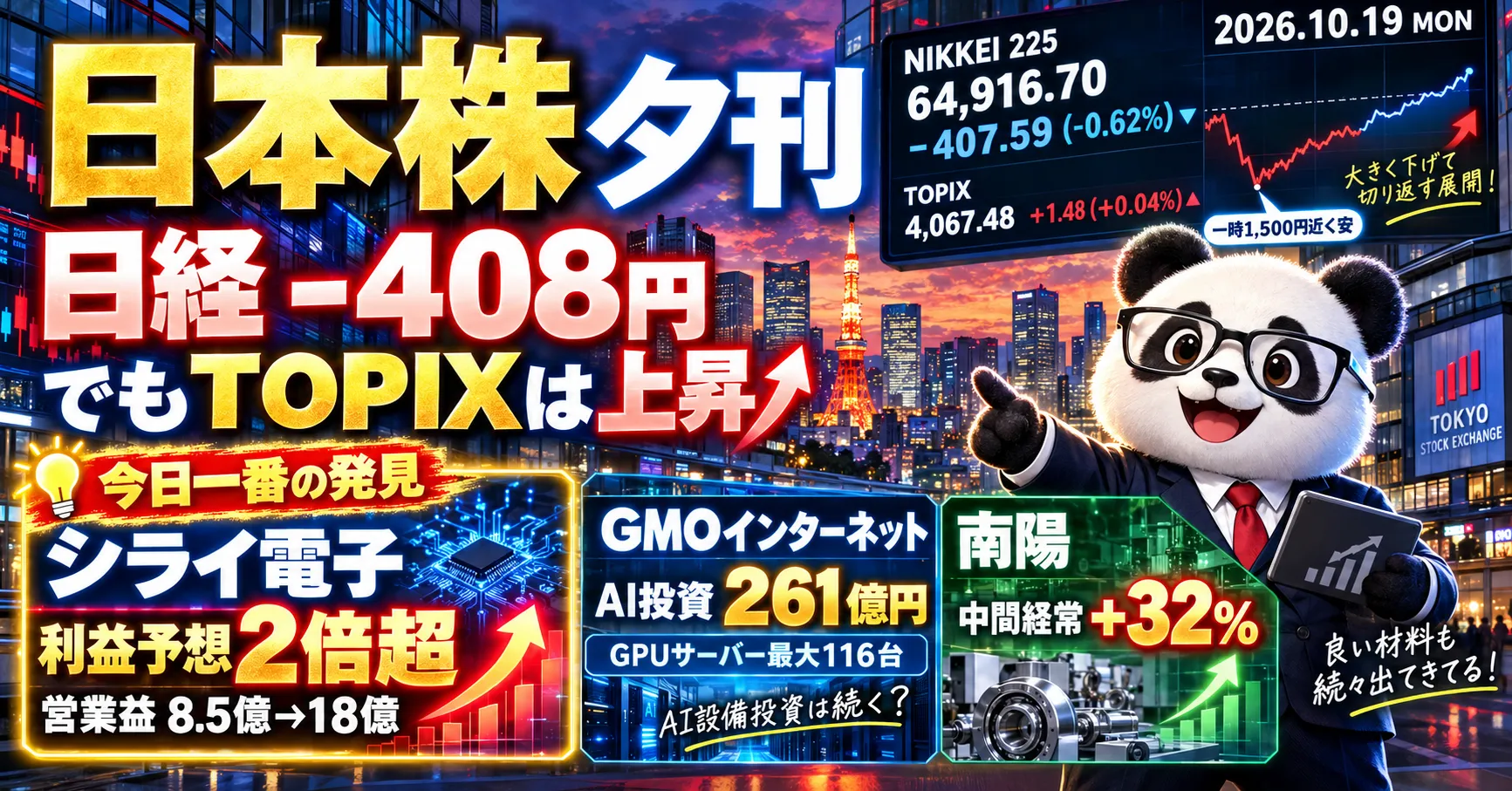 2026年10月19日の日本株夕刊。日経平均407.59円安とTOPIX小幅高、シライ電子工業の営業利益予想上方修正、GMOインターネットのAI設備投資、南陽の業績予想修正を紹介する画像。
